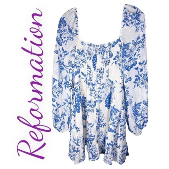 NWT REFORMATION Cammi Ruffle Smocked Mini Dress In Corsica Blue Floral Print, 8 - Picture 2 of 6